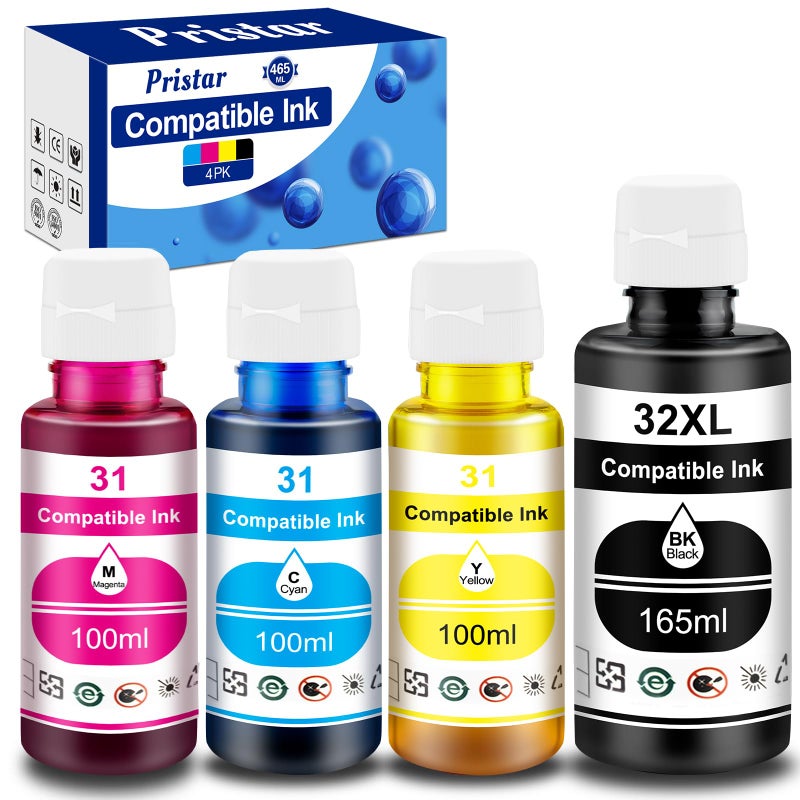 Pristar Compatible with HP 31 32XL Ink Bottle Set Compatible with HP Smart Tank 7301 7001 7602 5000 6001 5101 5102 5103 Plus 651 551 455 457 450 All-in-One Printer (165 ML 32XL Black Ink 100 ML 31 CMY - Image 1